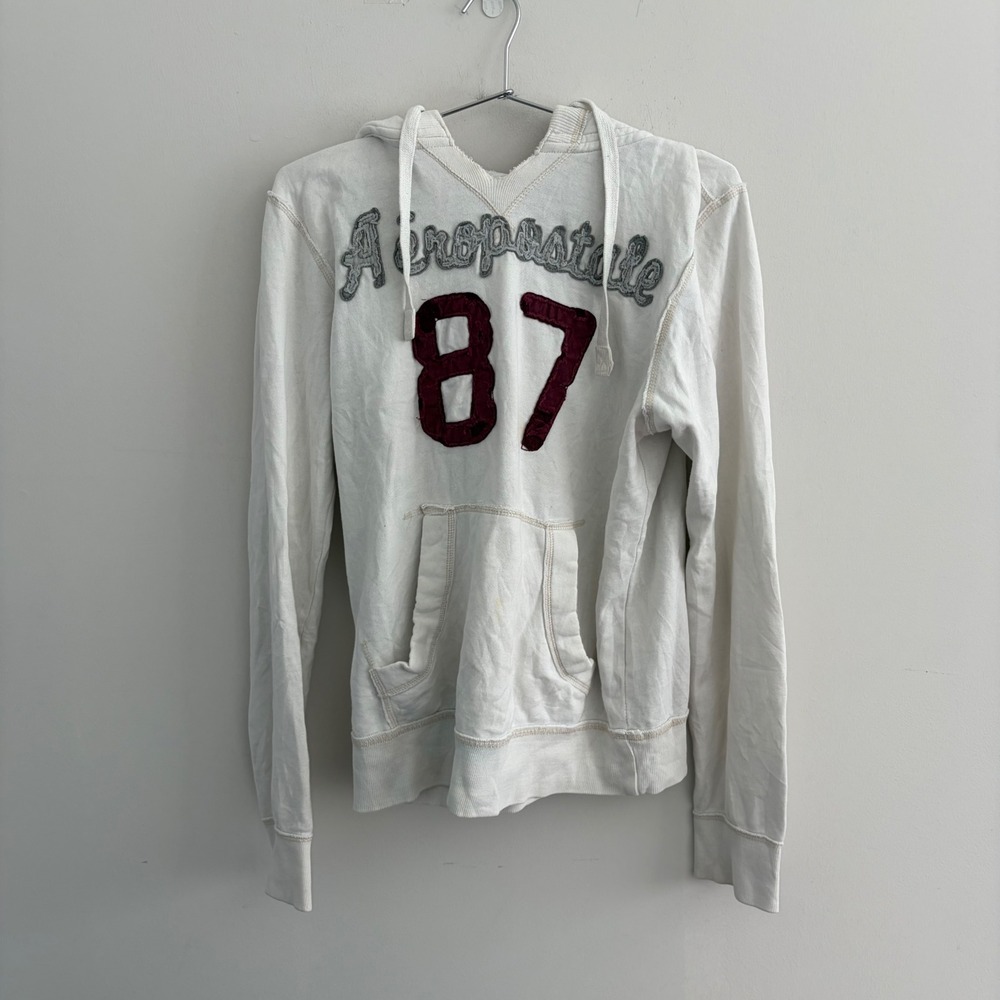 Aeropostale 87 Graphic Hoodie White Pullover Sweatshirt Small